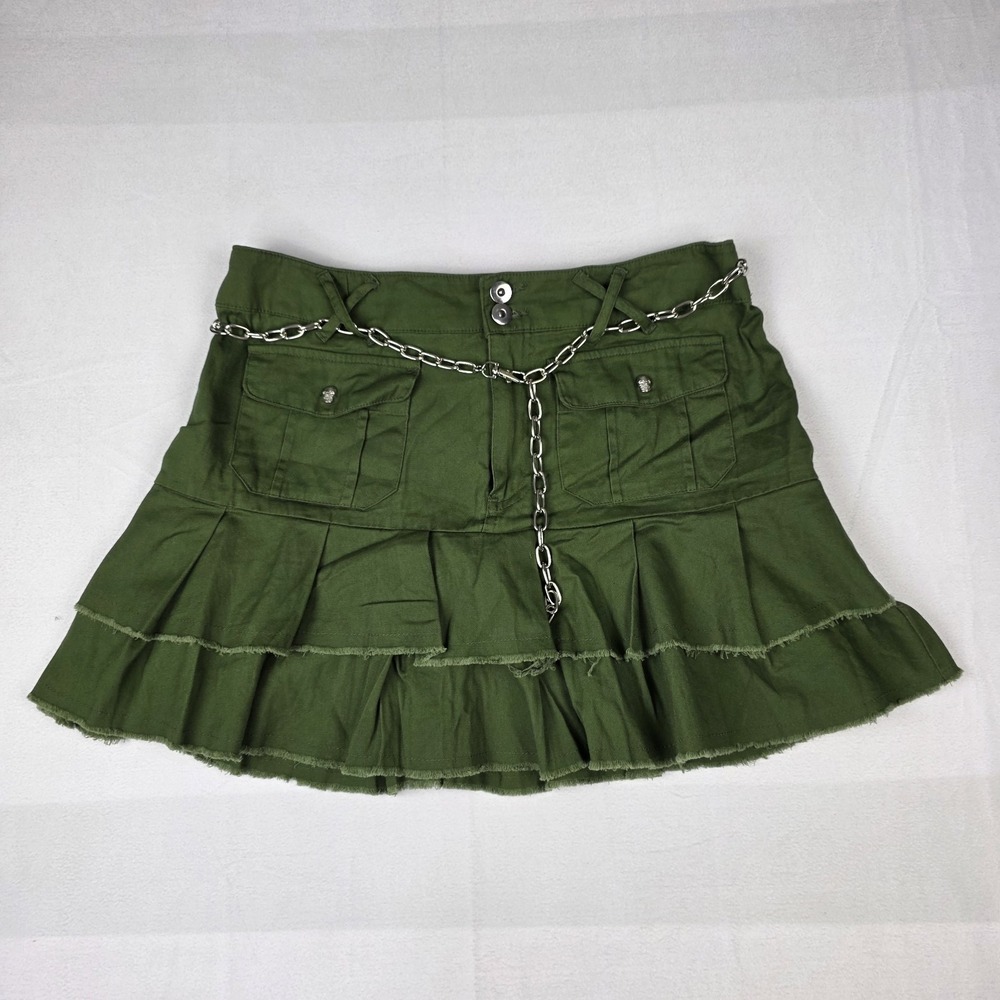 Social Collision Skirt Womens Size XL Green Front Pocket Double Ruffle Chain New